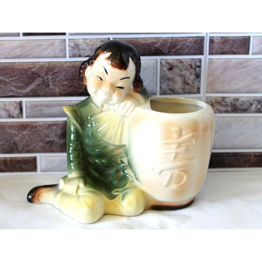 Vintage Royal Copley Art Pottery Asian Girl Planter Chinese Oriental Vase 1950's